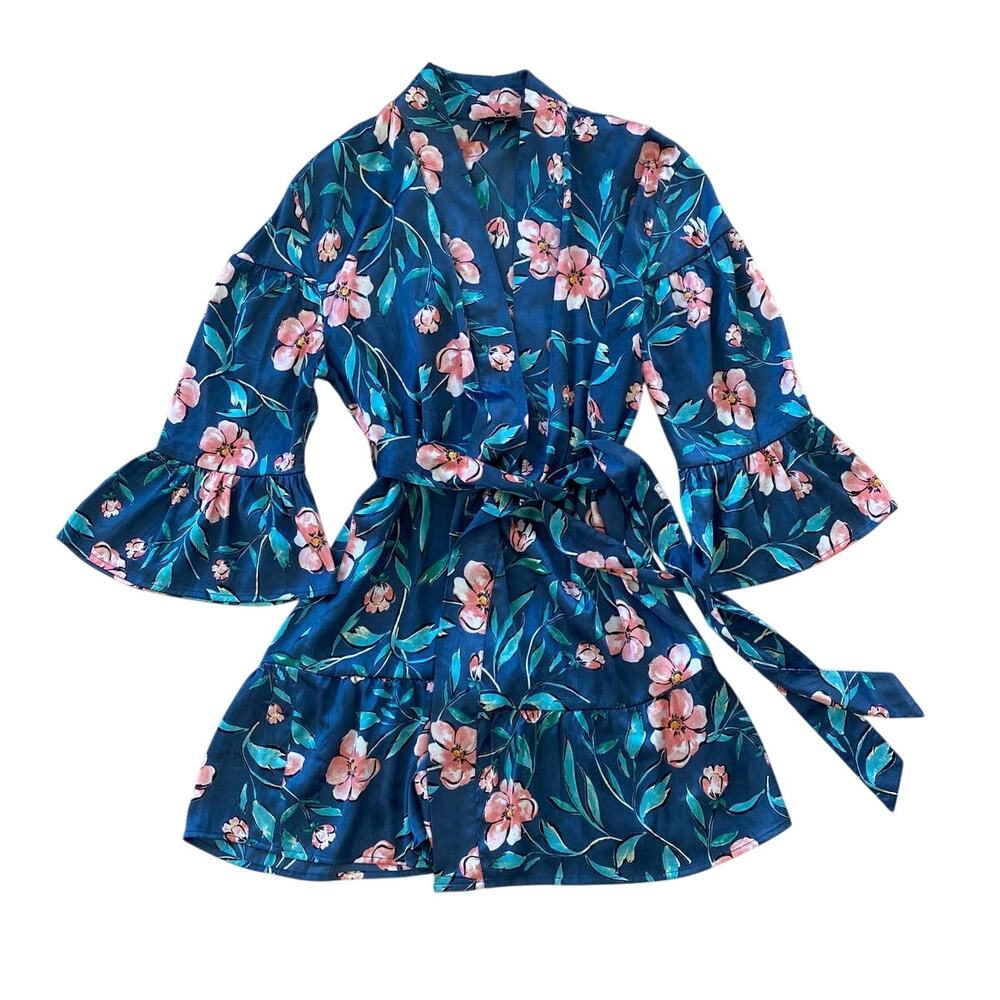 NWOT Topshop Floral Ruffle Wrap Mini Robe Blue Size Small